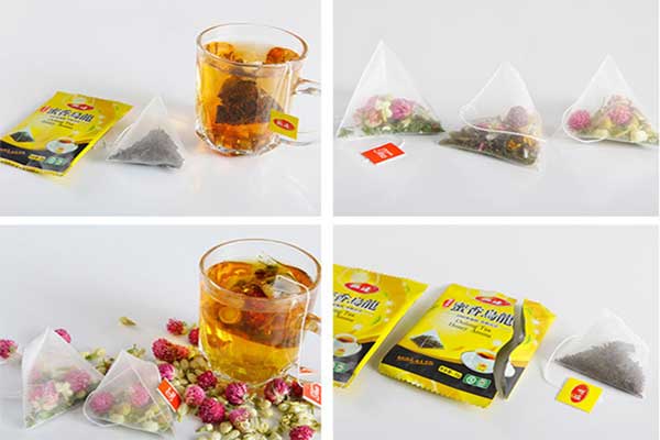 內(nèi)外袋茶葉包裝機可采用復(fù)合膜、過濾紙、無紡布等薄膜制袋